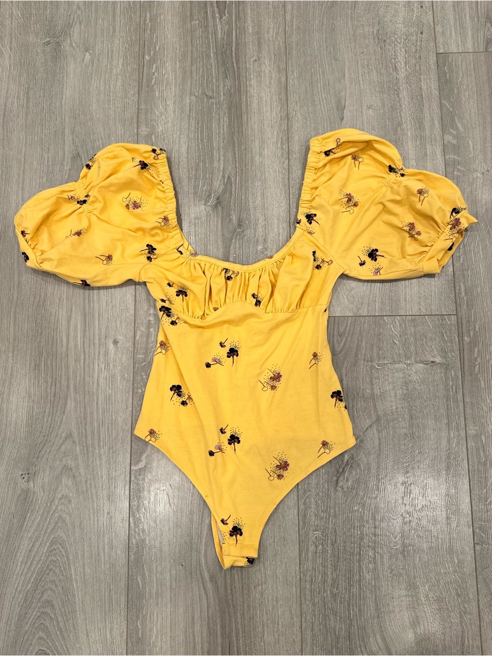 Free People Play Date Bodysuit Buttercup Yellow Floral Puff Sleeve XS